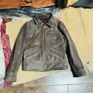 农场主定制复古皮衣进口植鞣牛皮多袋皮夹克飞行古堡毛呢格子内衬