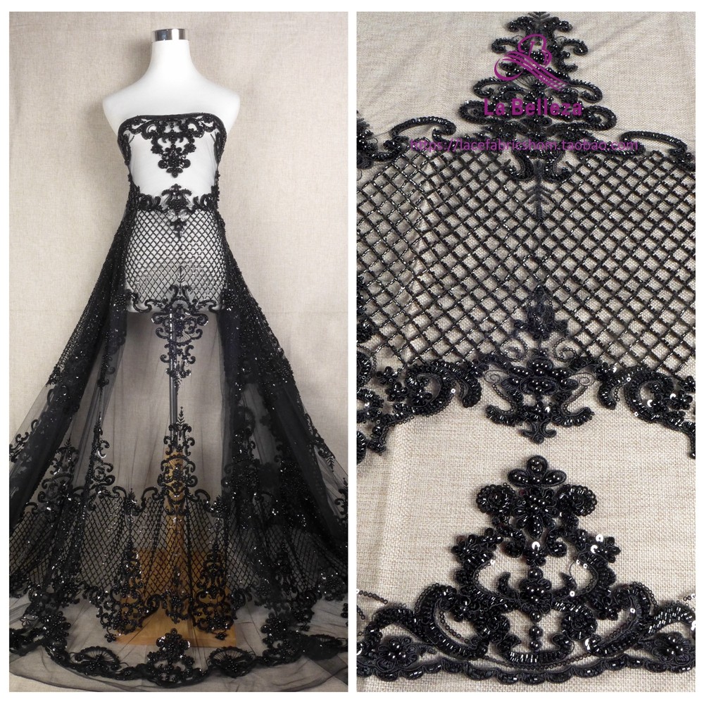 黑色重工钉珠蕾丝布料 网格珠绣婚纱礼服面料 高端服饰辅料花边