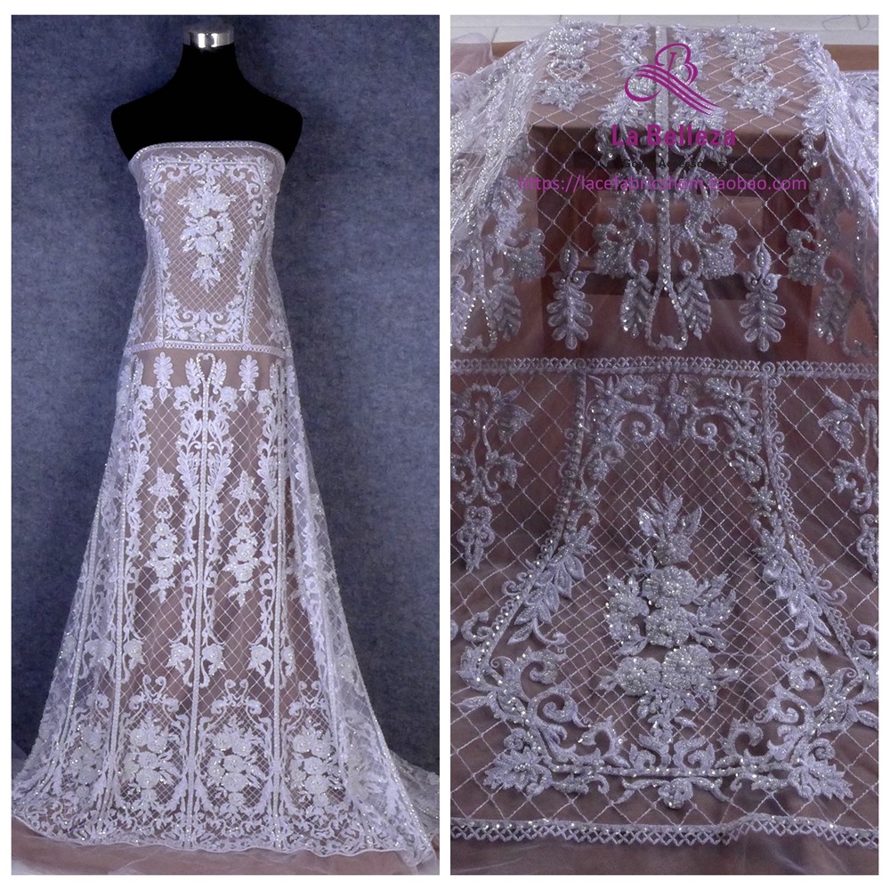 漂白重工钉珠网纱刺绣婚纱礼服面料高定服装面料手工diy服装辅料