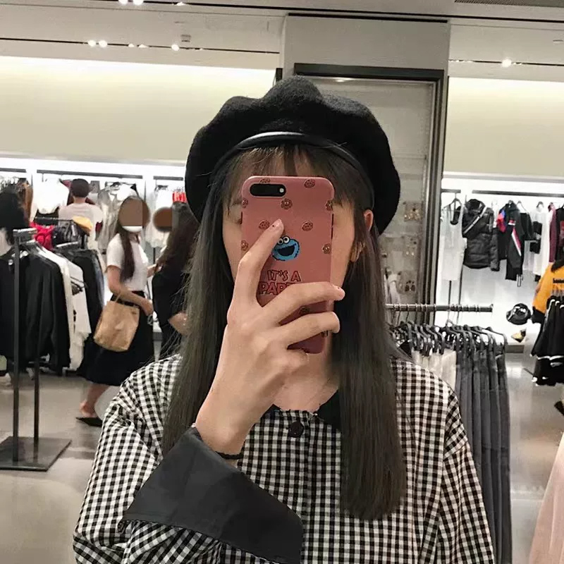 PU皮边羊毛呢贝雷帽女青年日系复古网红画家蓓蕾帽子韩国潮人黑色