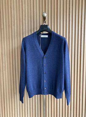 聚鹏名品Andre Maurice 蓝色v领羊绒开衫男士经典毛衣百搭新款