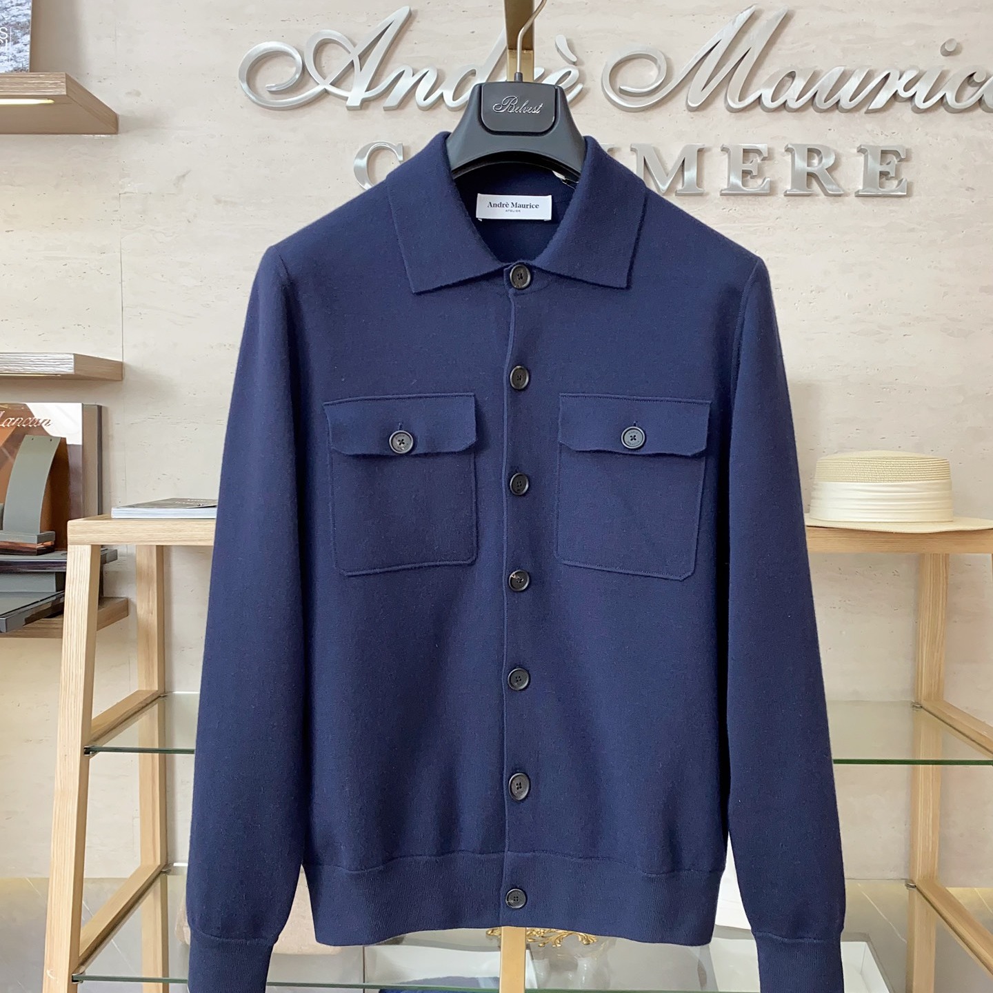聚鹏名品Andre Maurice藏蓝色羊绒外套男士抗风意大利老钱风双层