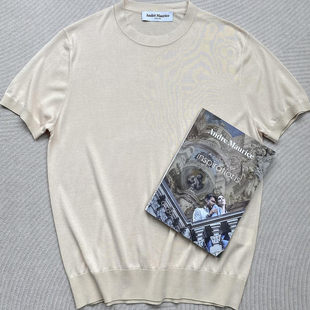 聚鹏名品Andre Maurice 沙色圆领短袖意大利男装桑蚕丝羊绒亲肤