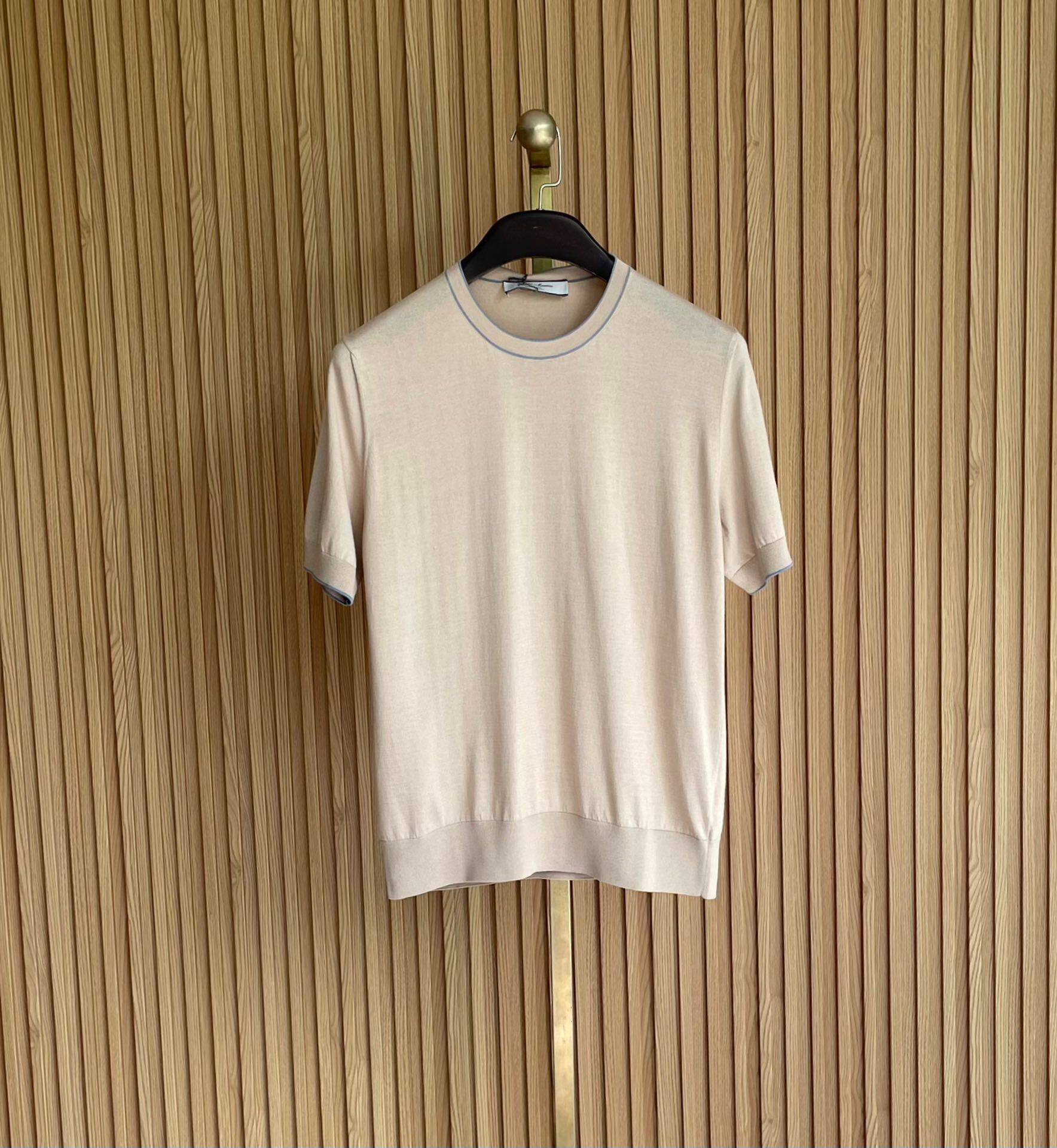 聚鹏名品andre maurice男士浅驼色圆领短袖海岛棉针织衫透气柔软