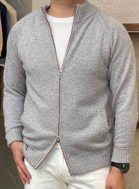 聚鹏名品Andre Maurice 灰色拉链羊绒开衫男士意大利老钱风秋冬款