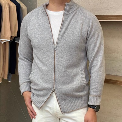 聚鹏名品Andre Maurice 灰色拉链羊绒开衫男士意大利老钱风秋冬款