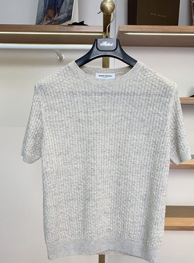 聚鹏名品Andre Maurice 花灰色圆领短袖男士老钱风夏季简约纯色