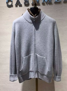 聚鹏名品Andre Maurice 浅灰色毛领羊绒外套男士老钱风针织开衫