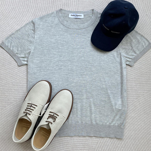 聚鹏名品Andre Maurice 灰色圆领短袖男士桑蚕丝羊绒意大利老钱风