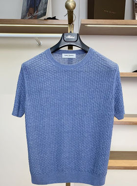 聚鹏名品Andre Maurice 蓝色圆领短袖男士夏季老钱风亚麻棉印花