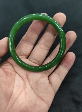 和田碧玉手镯冰底菠菜绿满绿中条手镯无裂无纹60圈口