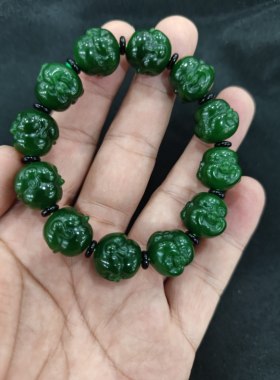 和田碧玉佛头手串老料菠菜绿双面雕佛头手串无裂质地细腻15mm