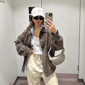 美式 麂皮绒 复古宽松廓形飞行员夹克美拉德 棕色皮衣外套 lioness