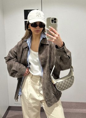 lioness 棕色皮衣外套 麂皮绒 美式复古宽松廓形飞行员夹克美拉德