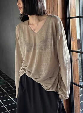 亚麻v领肌理感百搭针织防晒衫