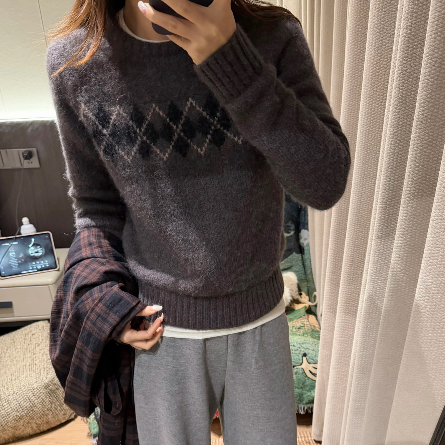 alright绵羊毛菱形格复古毛衣