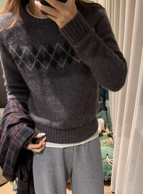 alright 绵羊毛正肩直筒菱形格复古休闲圆领套头毛衣针织衫秋冬