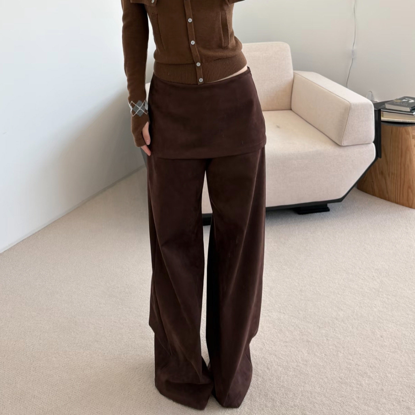 RARELY 假两件麂皮阔腿裙裤 咖色 直筒休闲裤女 美拉德秋冬新款,女装/女士精品,休闲裤,淘宝优惠券,粉丝福利购,淘宝优惠卷