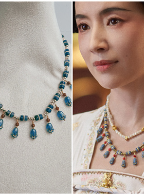 国色芳华董洁同款璎珞项链天然红玛瑙天然蓝纹石进口捷克花朵珠