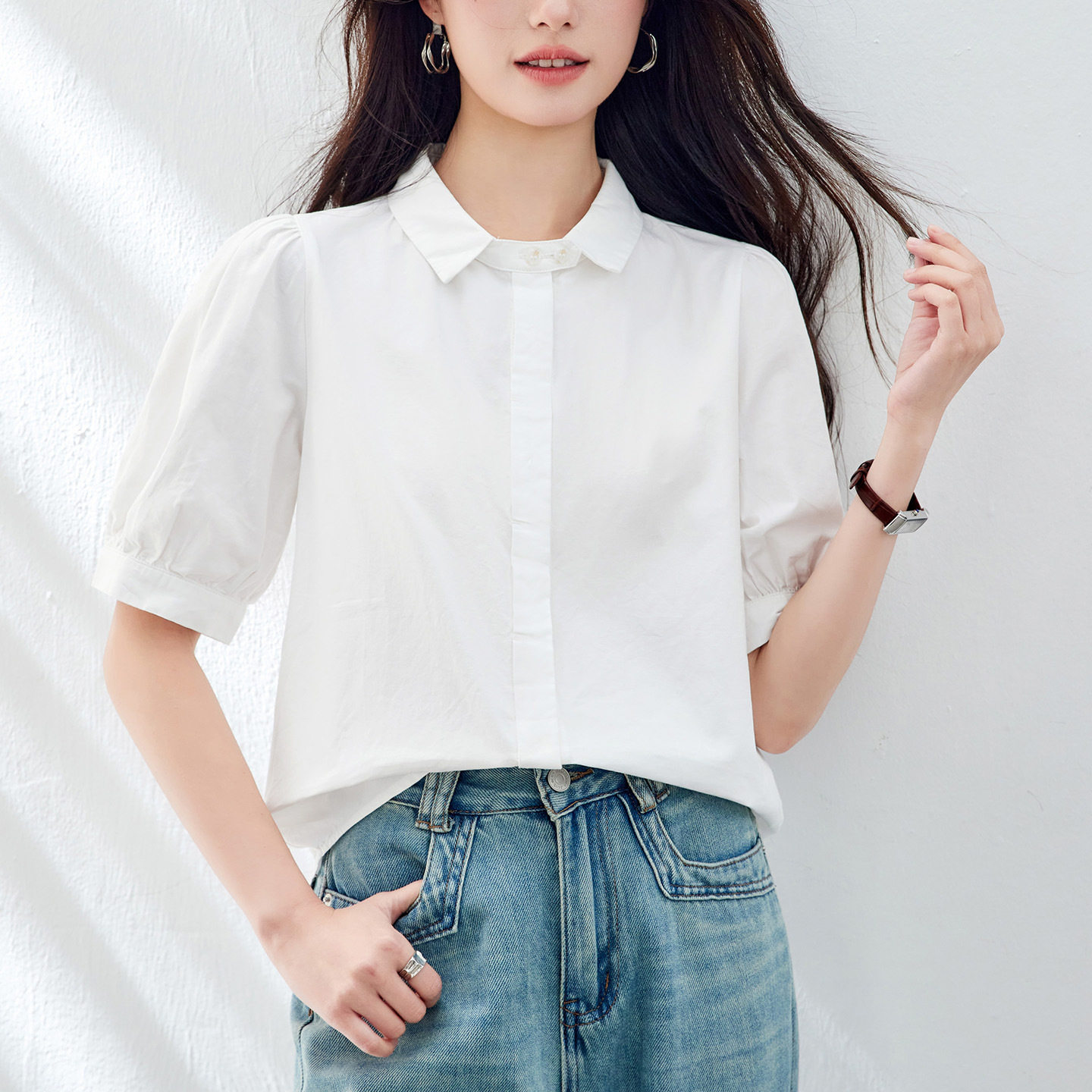 小方领白衬衫女短袖2025夏装新款纯棉上衣韩版休闲女式衬衣