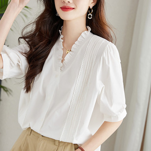 宽松纯棉上衣设计感小众衬衣 木耳边v领白衬衫 女短袖 2025夏季 新款