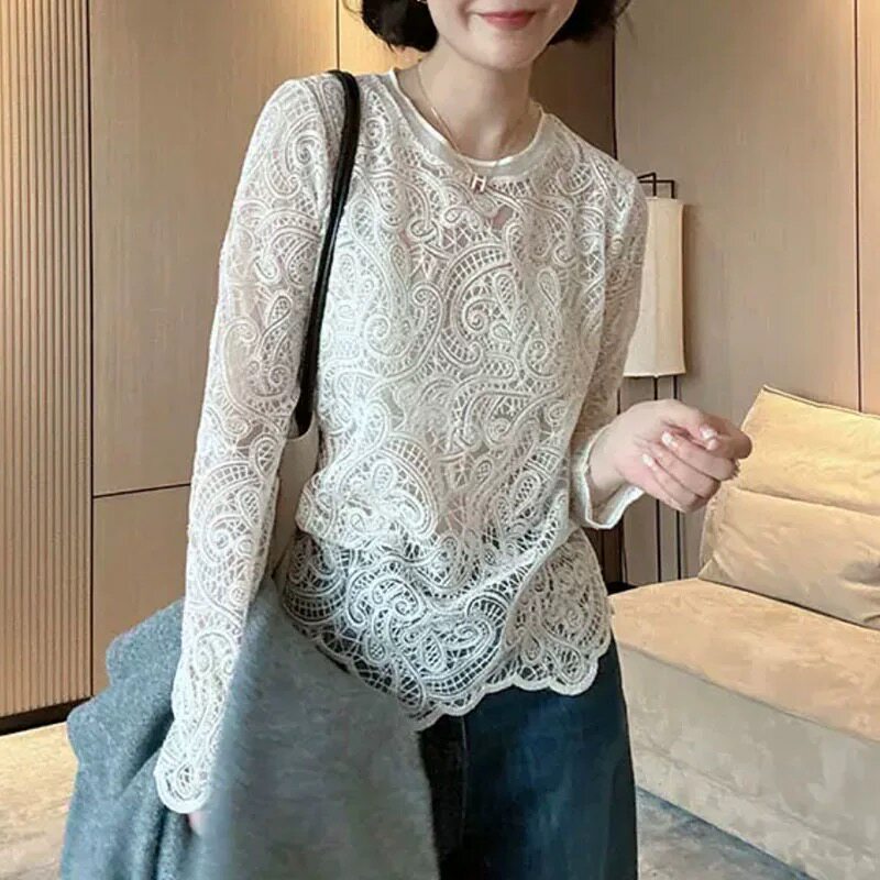 洋气~韩国重工刺绣钩花长袖蕾丝衫女春季叠穿内搭打底衫T恤上衣薄