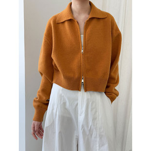 高级感短款双拉链毛衣外套小个子女秋针织开衫Polo翻领上衣