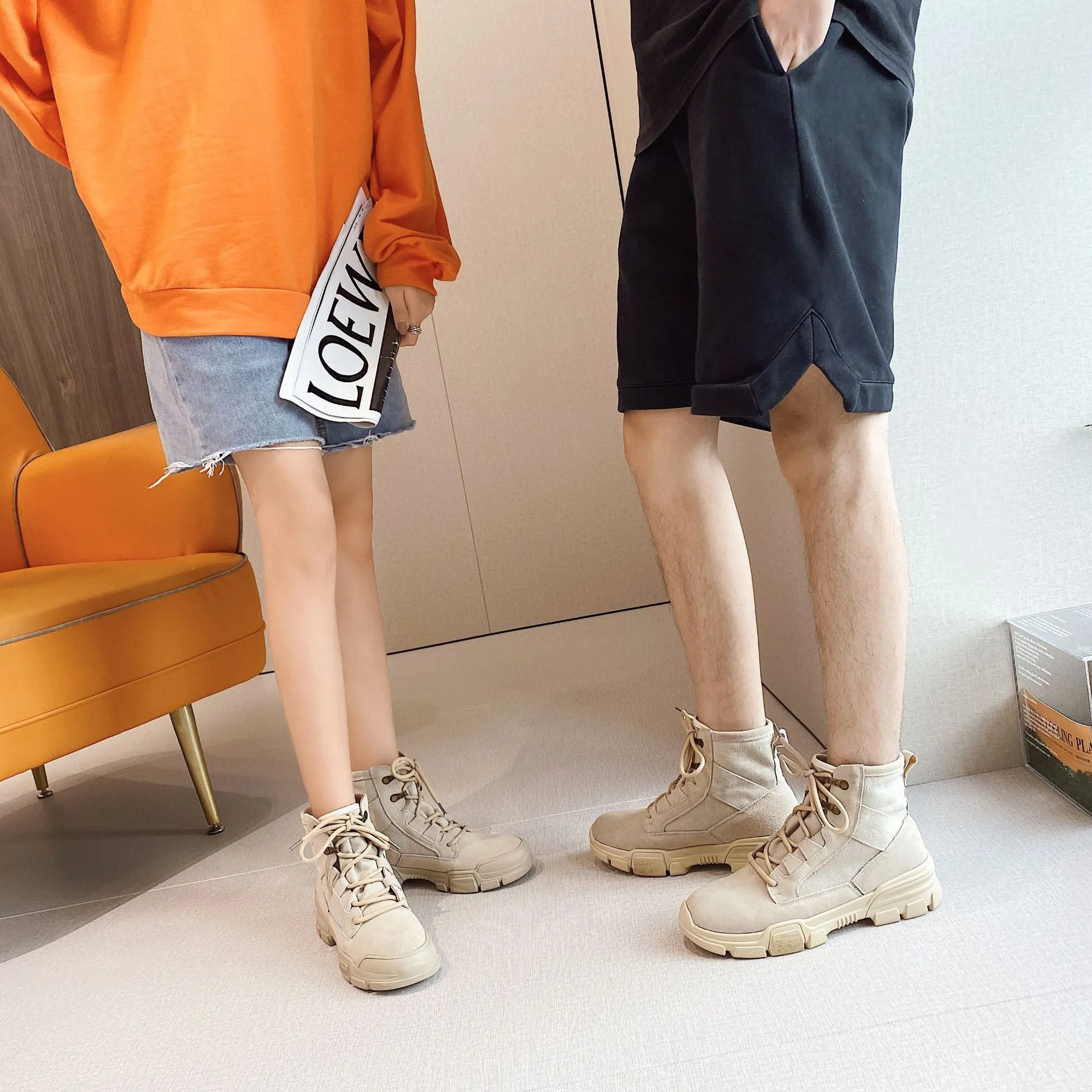 马丁靴女2025春季新款真皮厚底短靴韩版百搭情侣款男帆布机车靴子