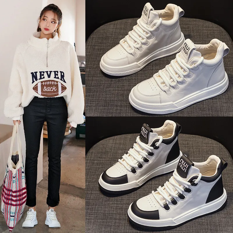 高帮休闲板鞋女2024年秋季爆款miu家同款小白鞋真皮耐厚底增高鞋