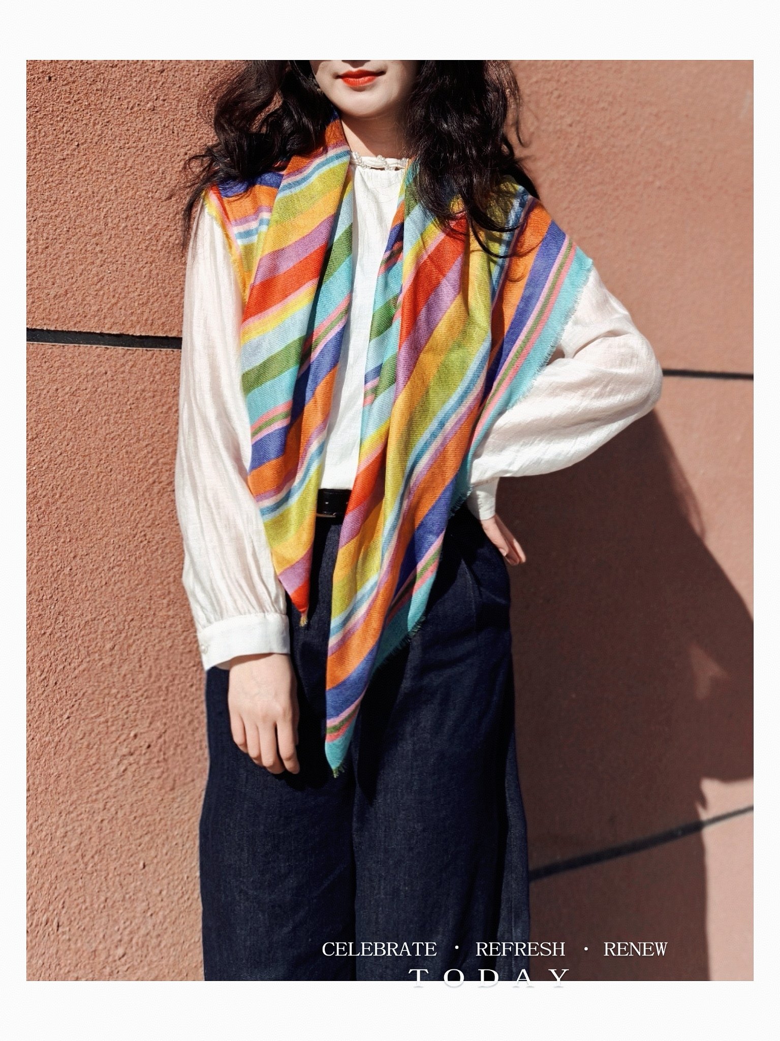 意大利设计女薄款围巾彩色条纹细羊毛方巾空调房防晒旅游拍照披肩