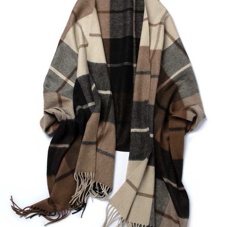 外单内蒙纯羊绒经典格子拼色男女情侣中厚秋冬美拉德棕色围巾披肩