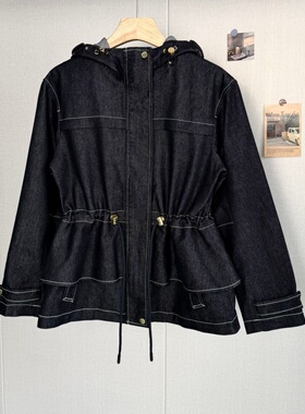 之荔家 春新款风衣 牛仔蓝连帽收腰荷叶边显瘦减龄外套上衣时尚