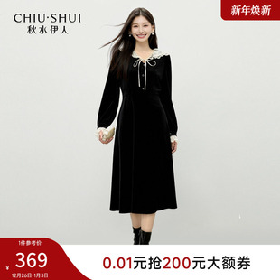 赫本风丝绒裙子 新款 秋水伊人法式 复古蕾丝花边连衣裙2025年冬季