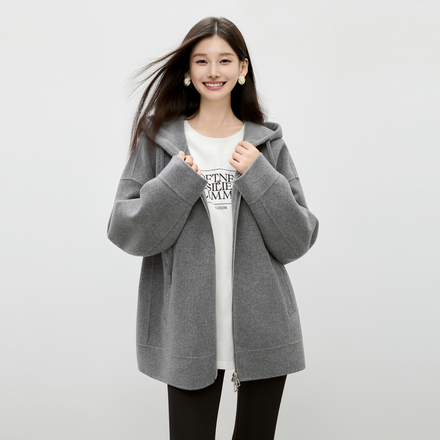 秋水伊人100%绵羊毛连帽毛呢大衣