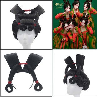 古装假发唐宫夜宴侍女红绳兔耳表演发髻唐朝蝴蝶结造型软底发包