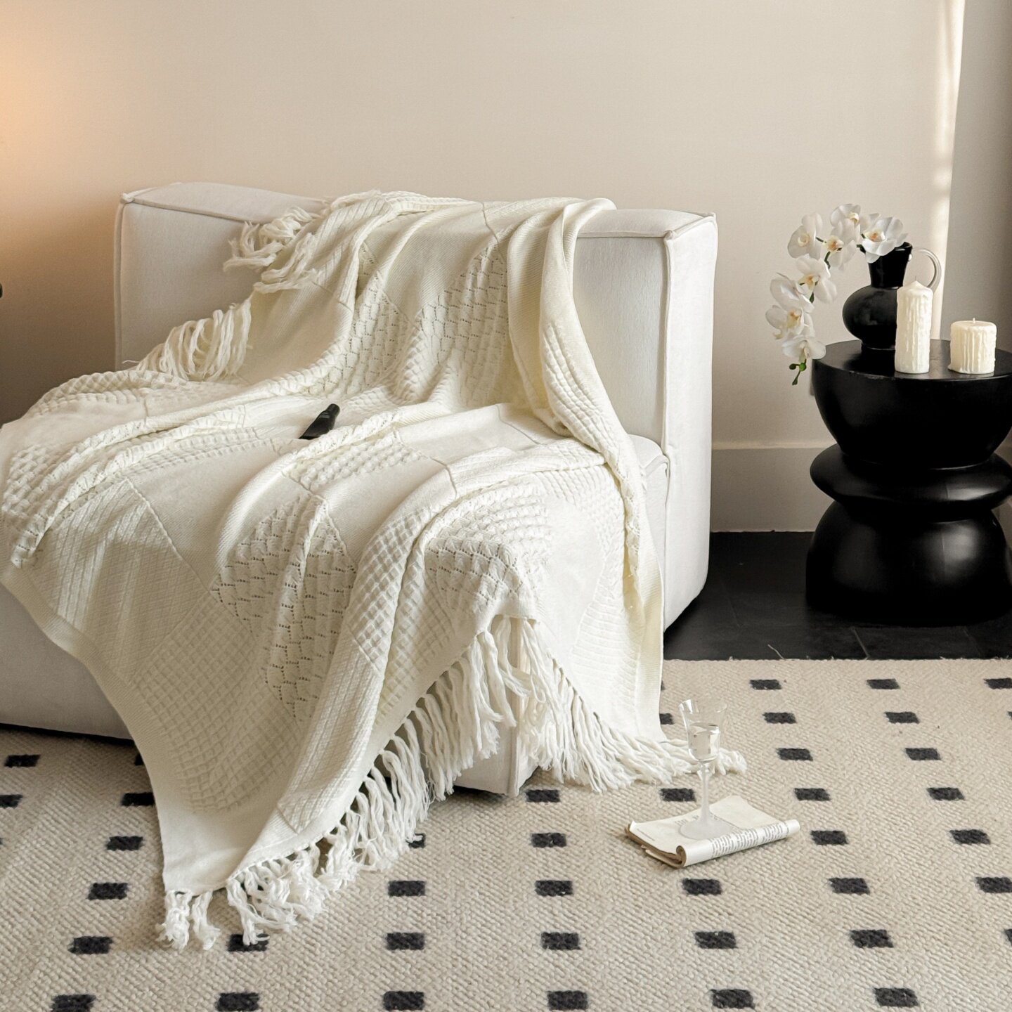 ins网红款白色流苏针织毯露营披肩毛毯沙发盖腿毯子办公室午睡毯