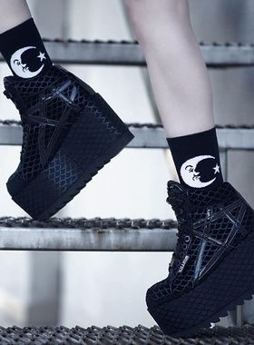 潮牌KILLSTAR Mermad哥特美人鱼五芒星鱼鳞丝绒厚底高帮鞋