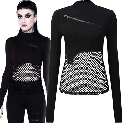 KILLSTAR暗黑哥特亚文化Sindi渔网拼接摇滚朋克拉链机能长袖T恤