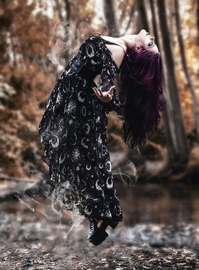 KILLSTAR哥特Astral Light新月太阳摇滚朋克露肩不规则长连衣裙