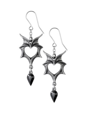 Alchemy Gothic E425LOVE BATS 镂空心形蝙蝠翼黑水晶吊坠耳环
