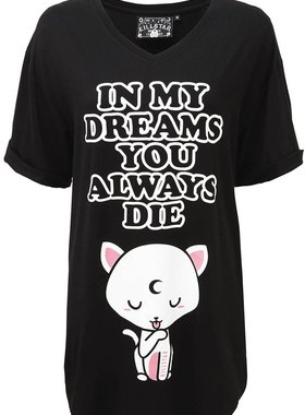 潮牌KILLSTAR Dreams 哥特朋克摇滚月亮白猫T恤睡衣