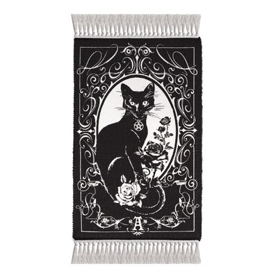 Alchemy Gothic RUG7 PARACELSUS 黑猫&玫瑰图案手工编织流苏地毯