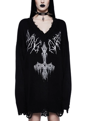 Widow暗黑哥特亚文化CRYPTIC CATHEDRAL十字架刺绣V领针织毛衣裙