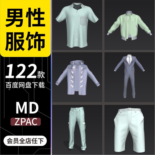 MD素材CLO3D男性上衣裤子基础服饰服装模型 Marvelous Designer