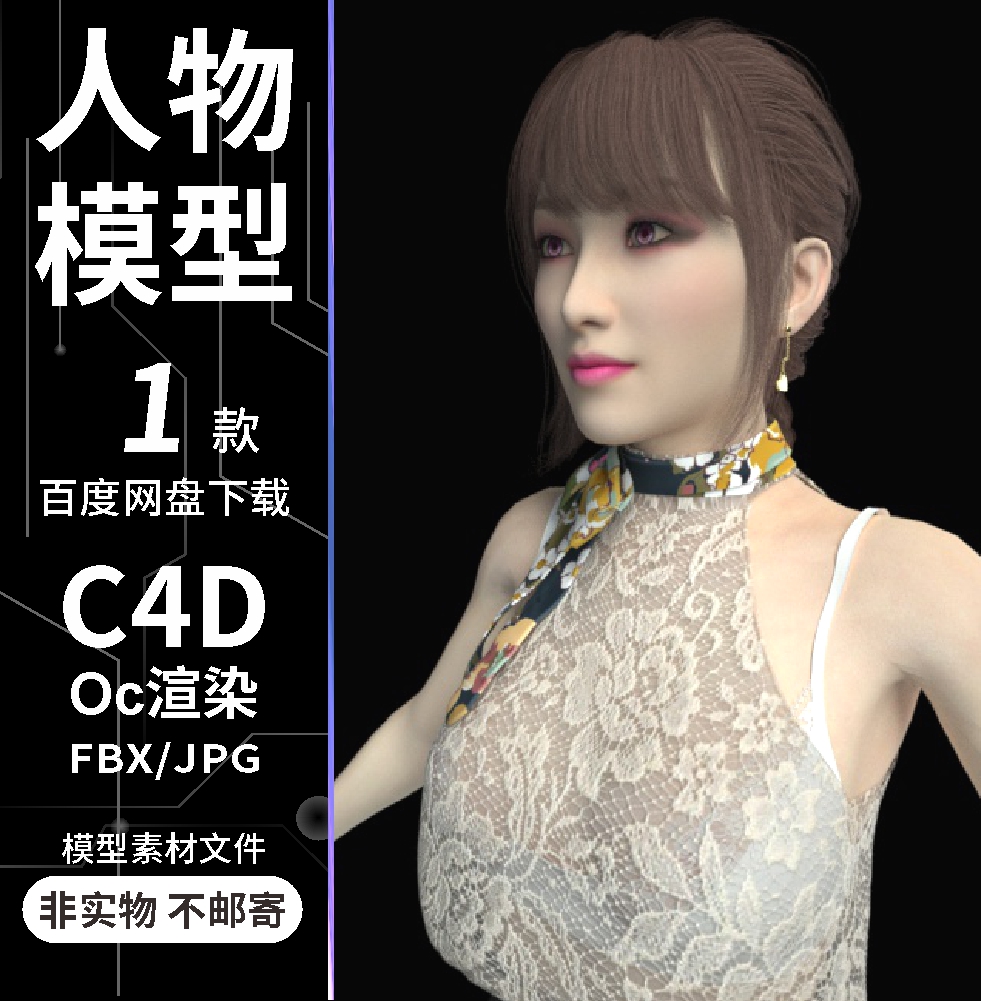 c4d马尾女孩蕾丝上衣气质女人角色3D人物模型含材质贴图oc渲染