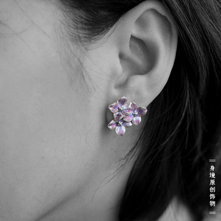身境2020.No.3‖无尽夏‖绣球花足银珐琅耳钉 原创 自然风新中式