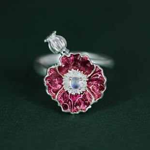 身境饰物‖忘忧河‖原创设计纯银罂粟戒指 高温珐琅 镶嵌蓝月光石