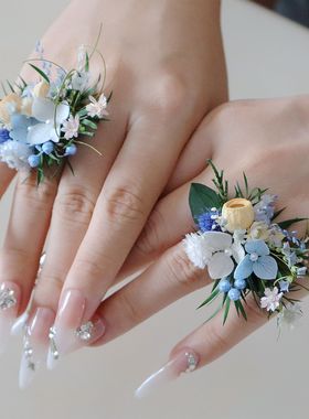 馨缘枝造原创手作蓝白素雅高档永生花婚礼订婚对戒指旅拍饰品成品