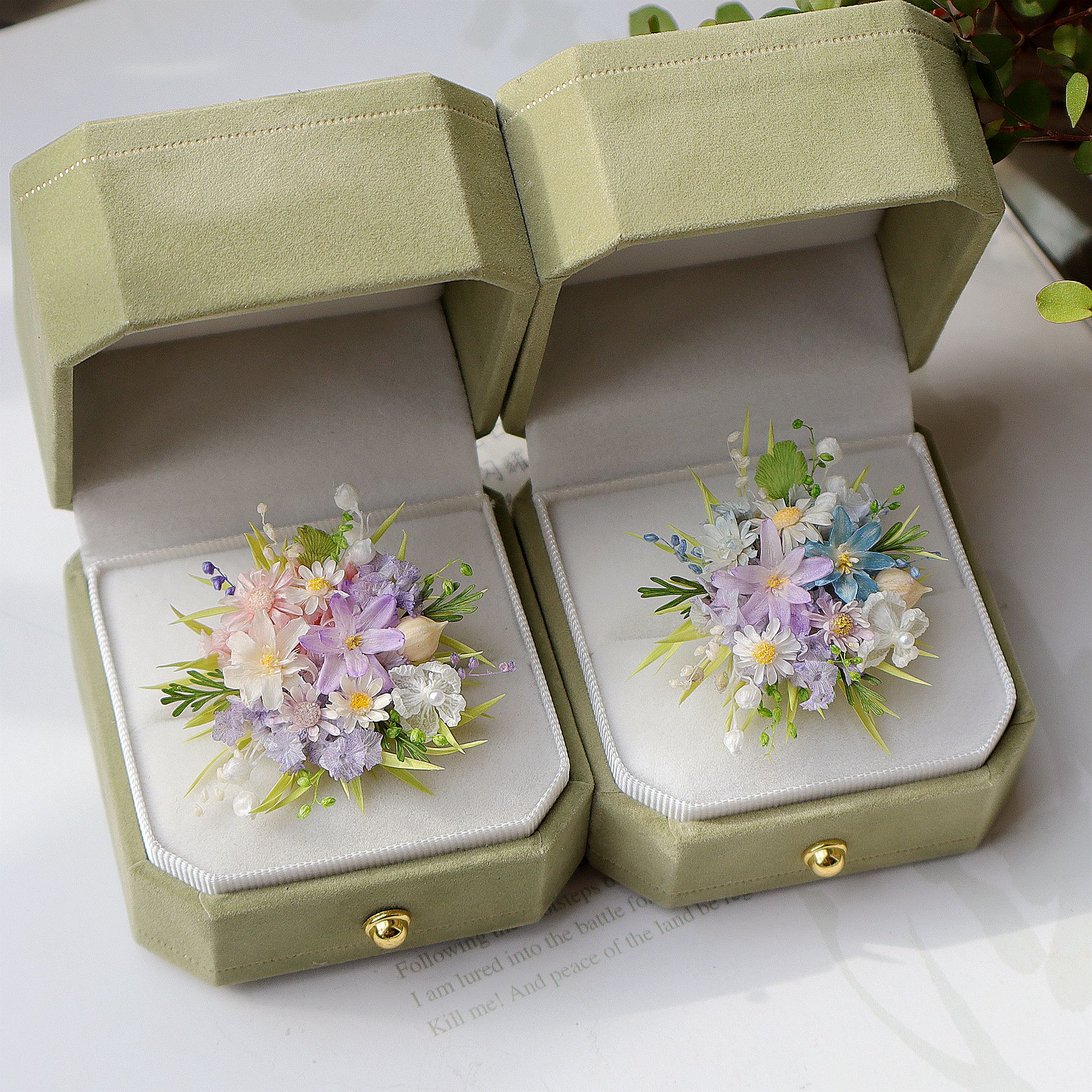 馨缘枝造原创设计小清新淡紫色永生花戒指成品草坪婚礼求订婚对戒
