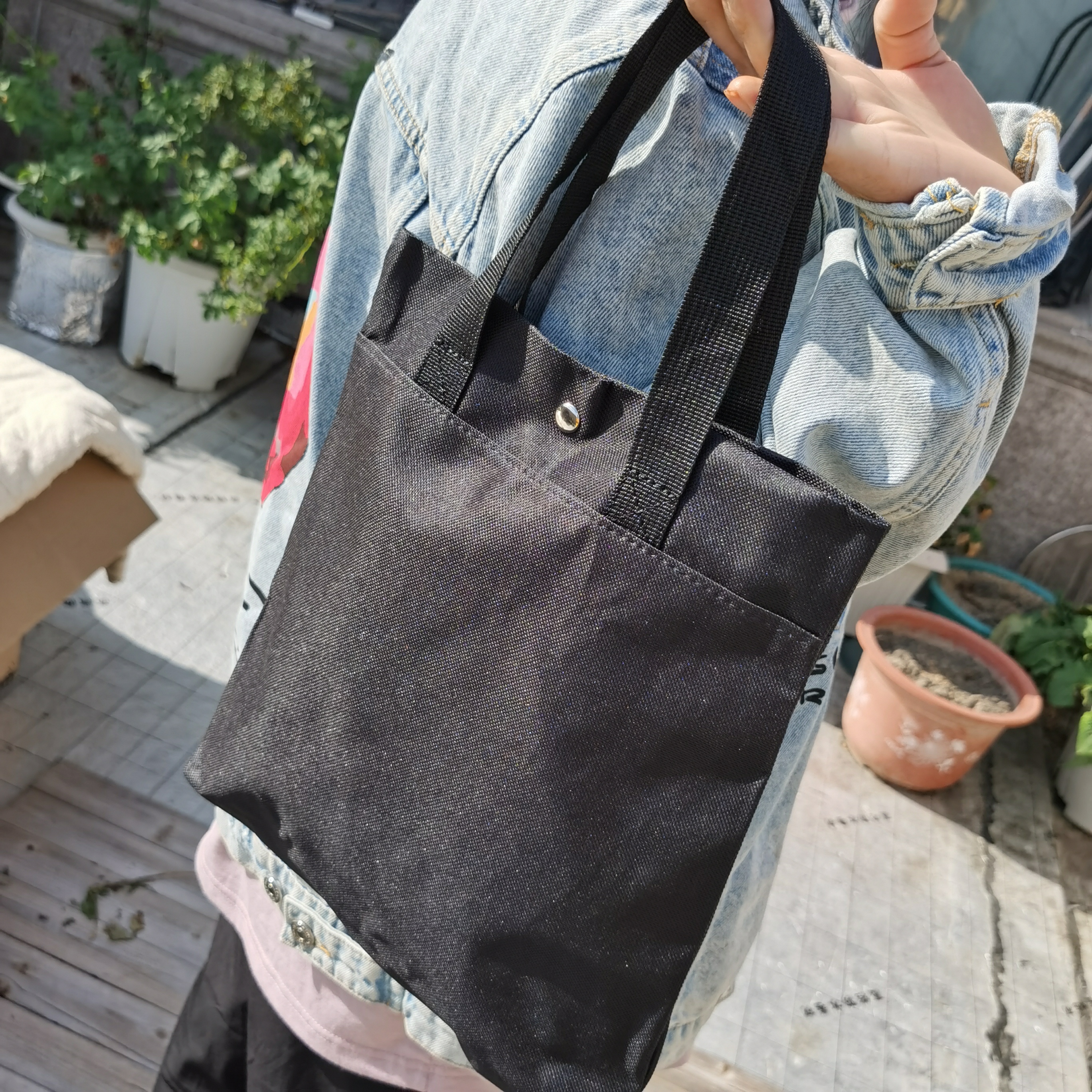 加厚简约手提袋牛津布包单肩购物袋托特袋小号按扣黑色单肩包